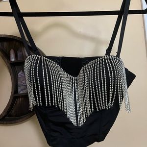 Rhinestone Fringe Corset Bralette Push-up Padded Size Large 38